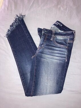 American Eagle Outfitters Dark Blue Skinny Jeans with Frayed Hem